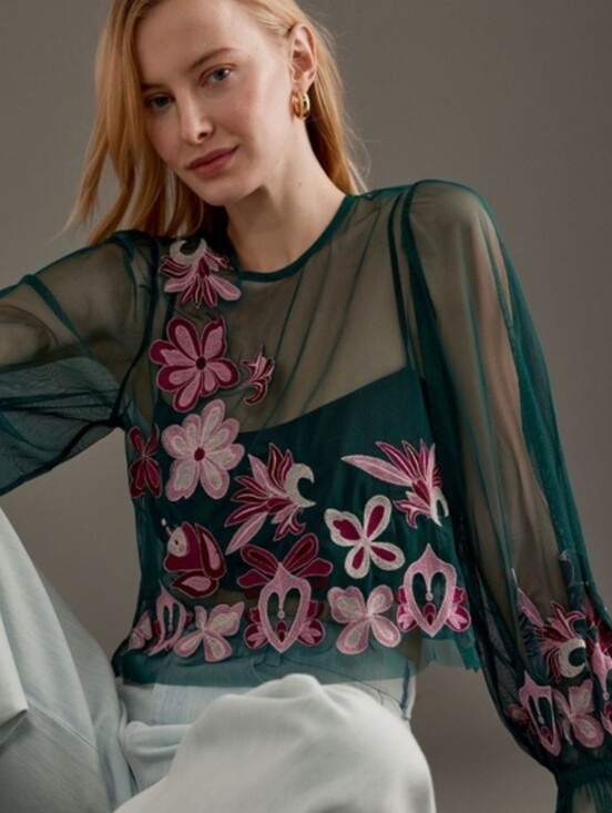 By Anthropologie Tops - BY ANTHROPOLOGIE LONG-SLEEVE EMBROIDERED SHEER MESH GREEN PINK TOP SMALL NWT